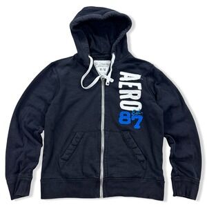 Y2K Aeropostale Zip Hoodie Aero87 Men's Medium Black Spell Out Skater Thrashed